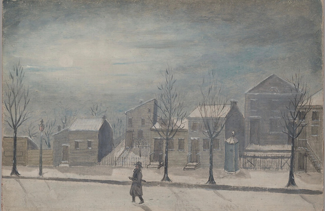 William P. Chappel’s City Watchman (1870s), depicting a lone New York watchman leaving his sentry box on a snowy night.
