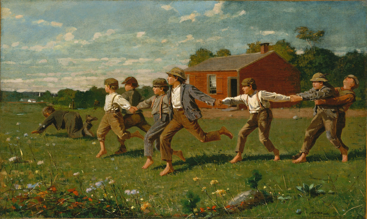 Winslow Homer, Snap the Whip (1872), depicting barefoot schoolboys holding hands and playing in a grassy field outside a red schoolhouse, with two boys breaking away from the line.