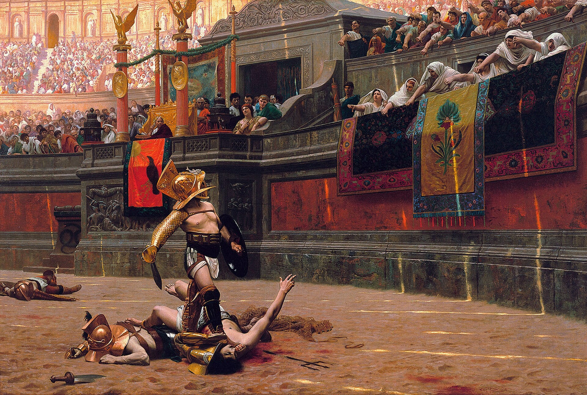 Pollice Verso (1872) by Jean-Léon Gérôme, depicting a victorious Roman gladiator standing over his defeated opponent as spectators demand his death.