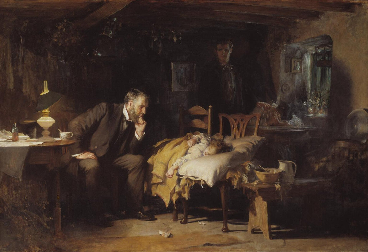 Sir Samuel Luke Fildes’ The Doctor (1891), depicting a physician watching over a critically ill child as her distressed parents wait nearby.