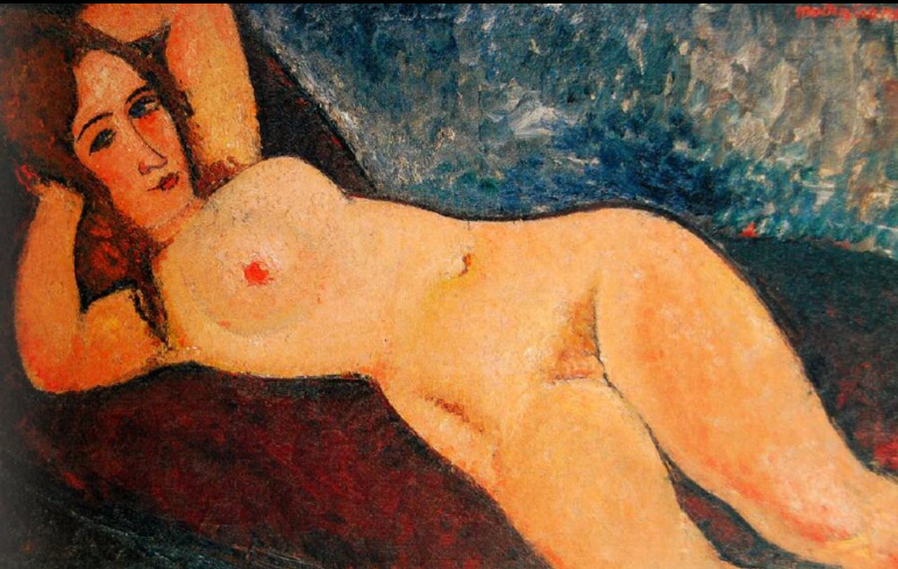 Nude figure painting in the style of Modigliani — intimate, elongated, and unapologetically human