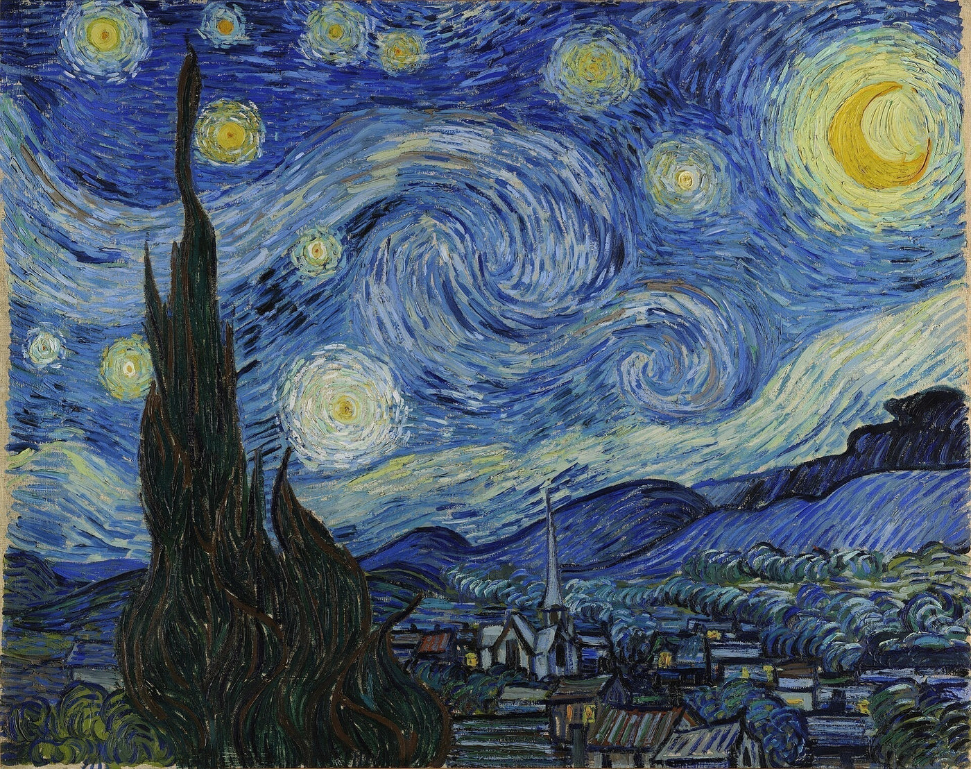 Van Gogh's Starry Night (1889), swirling night sky over a village, oil on canvas