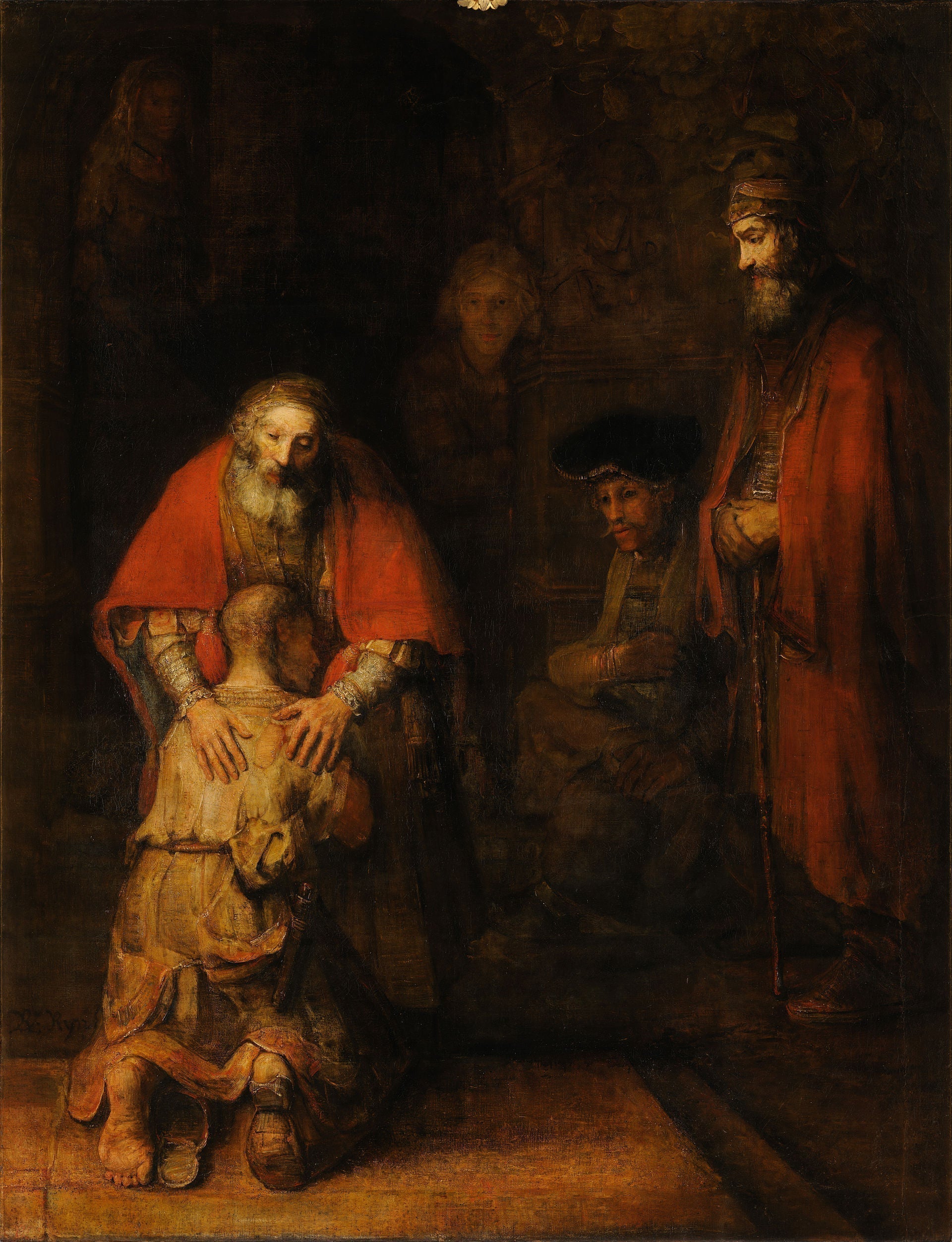 Rembrandt's The Return of the Prodigal Son — a father embracing his kneeling son in a scene of forgiveness and unconditional love