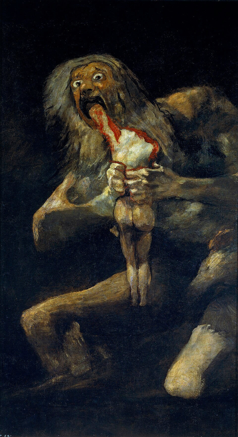 Francisco Goya's Saturn Devouring His Son, a dark and visceral painting of a god consuming his child