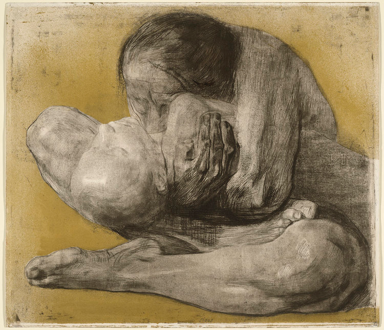 Käthe Kollwitz, Mother with Dead Child, 1903 — etching and drypoint depicting a mother clutching her lifeless child in a gesture of grief and protection