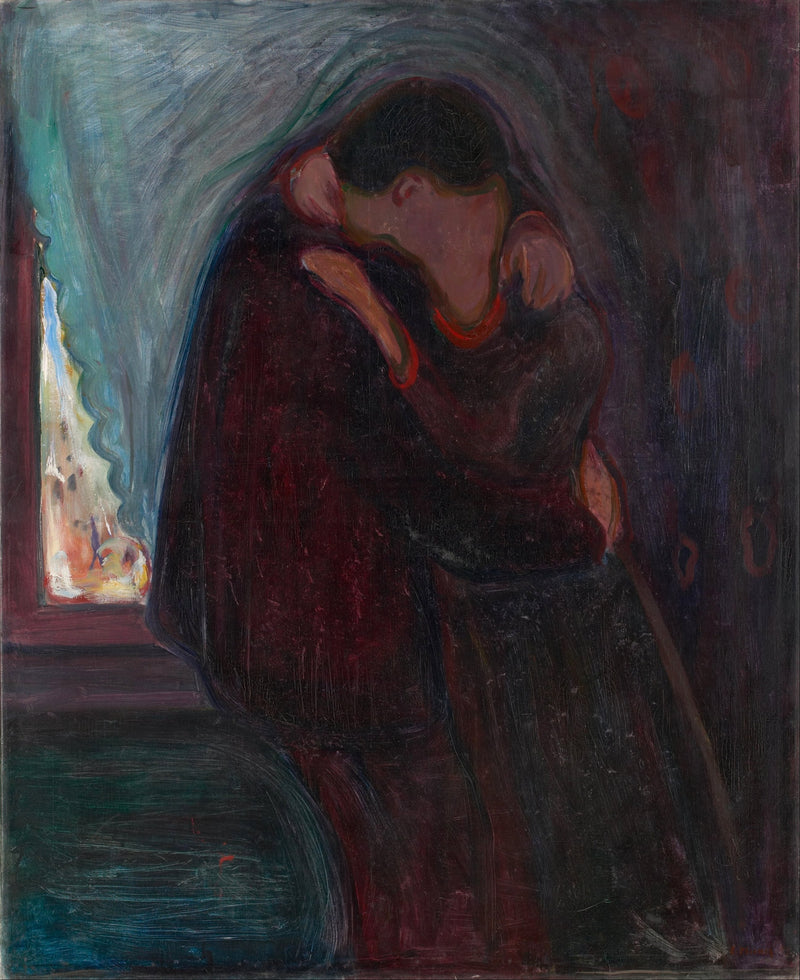 Edvard Munch, The Kiss (1897), oil on canvas — two figures merging in a darkened interior
