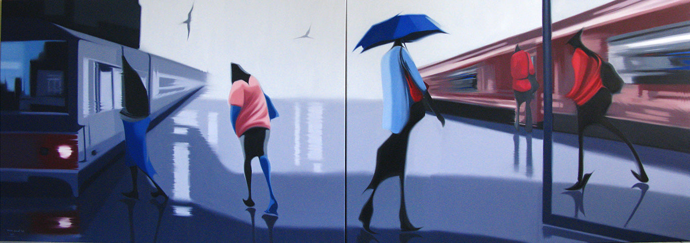 Oil painting from Tahereh Samadi Tari's Unknown Destination series, depicting themes of movement and uncertainty