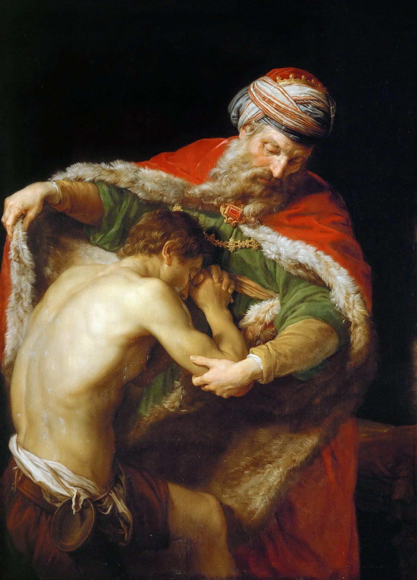 Pompeo Batoni, The Return of the Prodigal Son, 1773. Oil on canvas. A father embraces his kneeling son in a tender gesture of forgiveness and reconciliation.