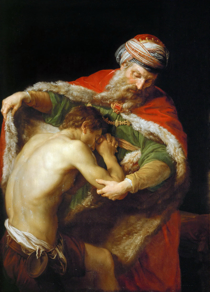 Pompeo Batoni, The Return of the Prodigal Son, 1773. Oil on canvas. A father embraces his kneeling son in a tender gesture of forgiveness and reconciliation.