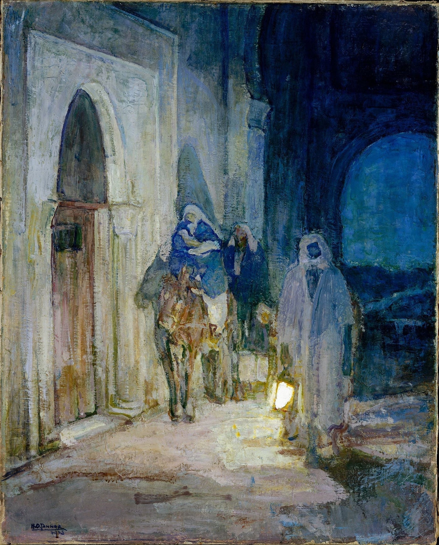 Henry Ossawa Tanner, Flight into Egypt (1923), oil on canvas — a small group travelling through the night, partially dissolved in shadow, guided by a soft suspended light.