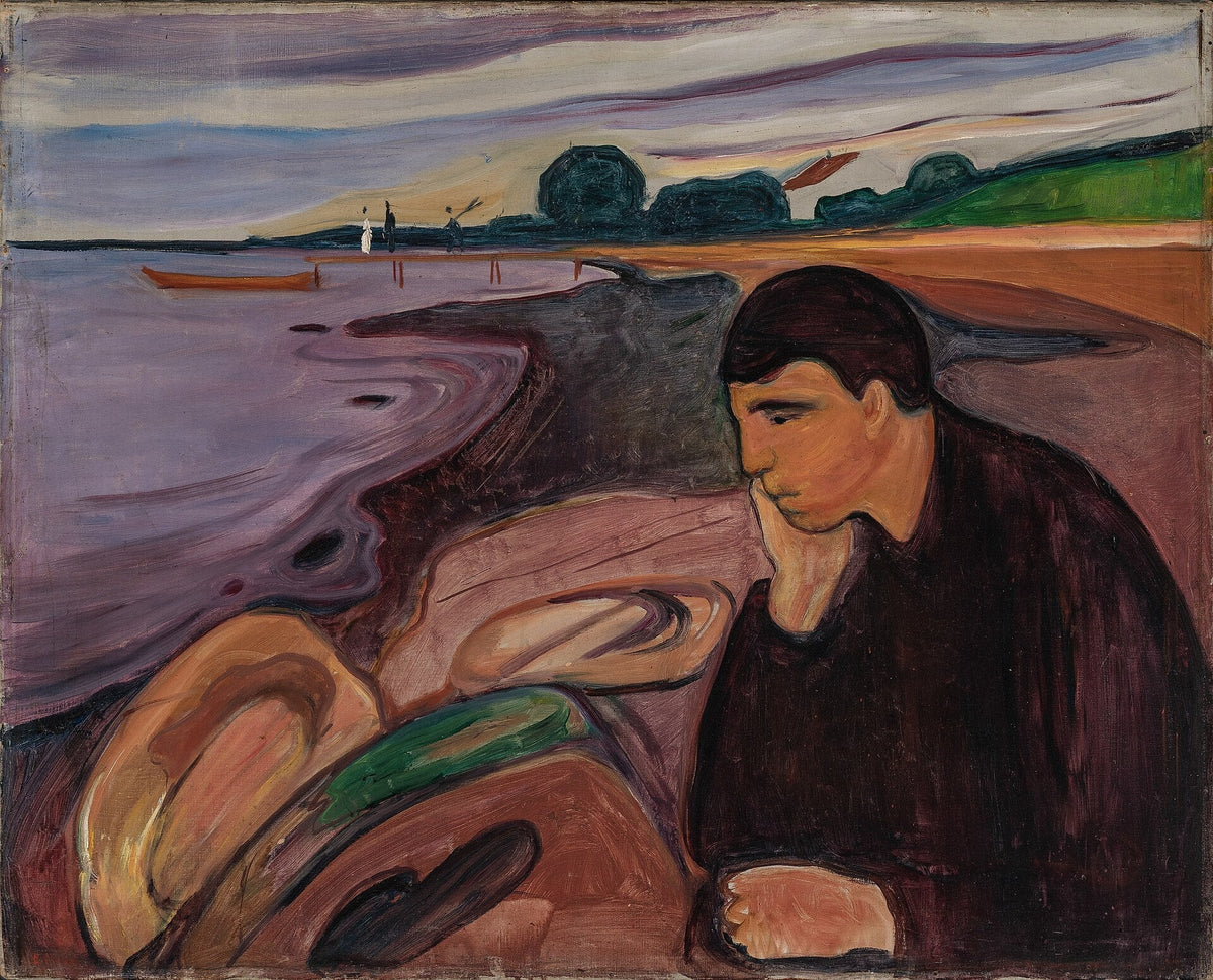 Edvard Munch, Melancholy, 1891, depicting a solitary figure seated by the shoreline with his head resting in his hand.