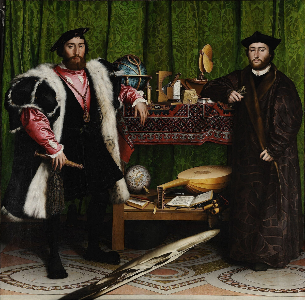 Hans Holbein the Younger, The Ambassadors, 1533, double portrait filled with symbols of wealth, knowledge and power, with an anamorphic skull representing mortality.