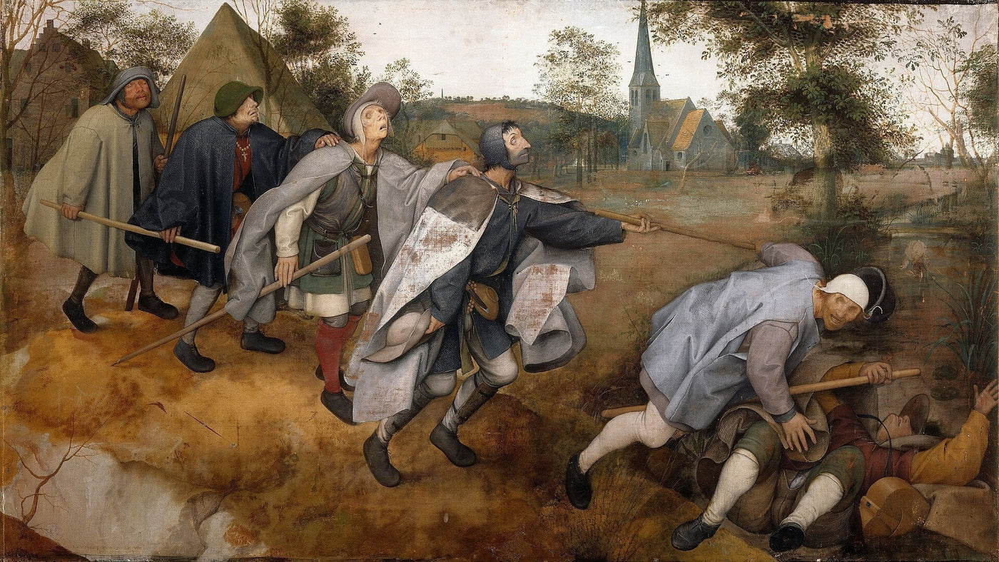 Painting depicting moral blindness and the refusal to see, referencing Pieter Bruegel the Elder's The Blind Leading the Blind