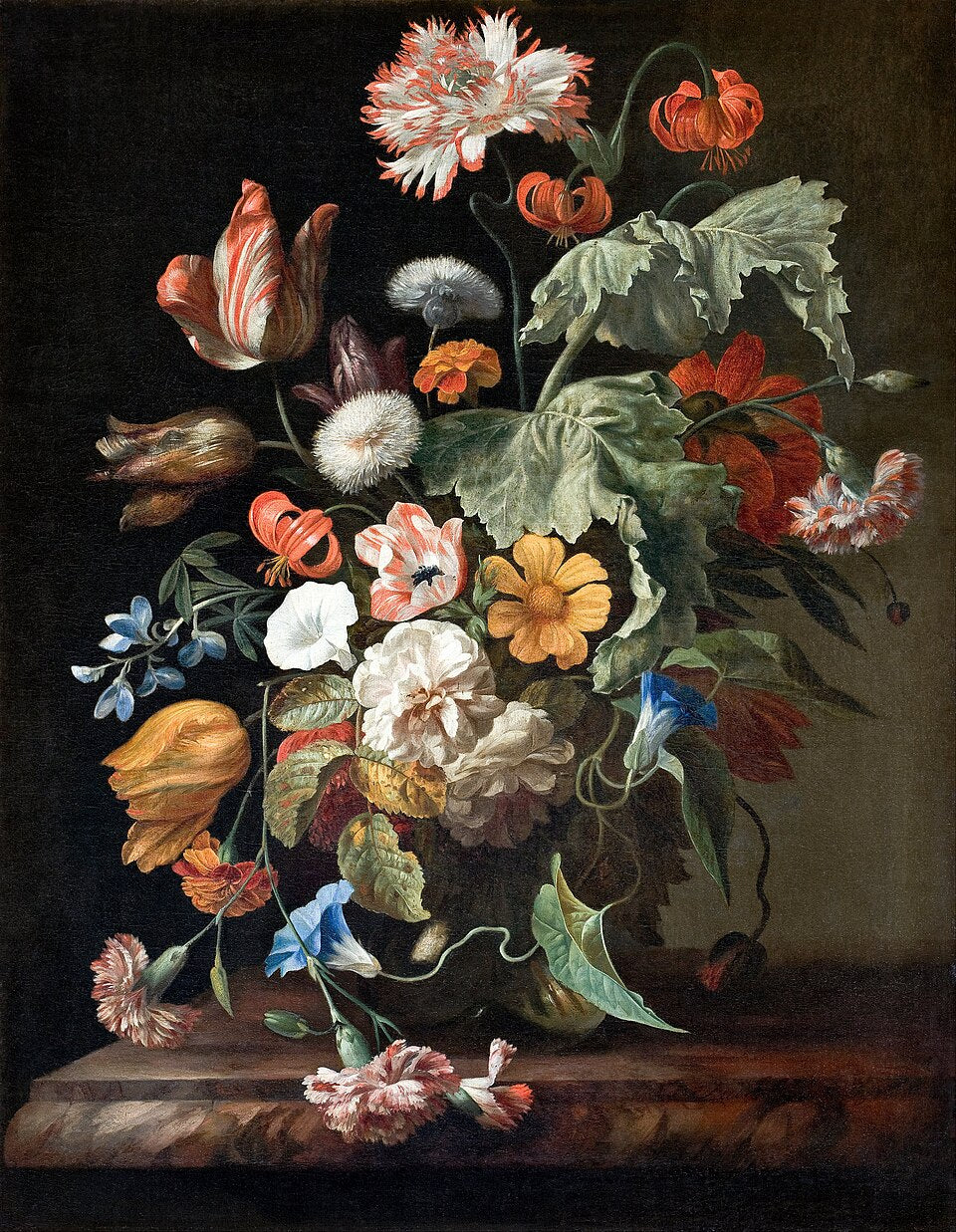 Wilted and blooming flowers on a balcony, evoking themes of impermanence and beauty, explored in The Last Flower by Theresa Rezeau