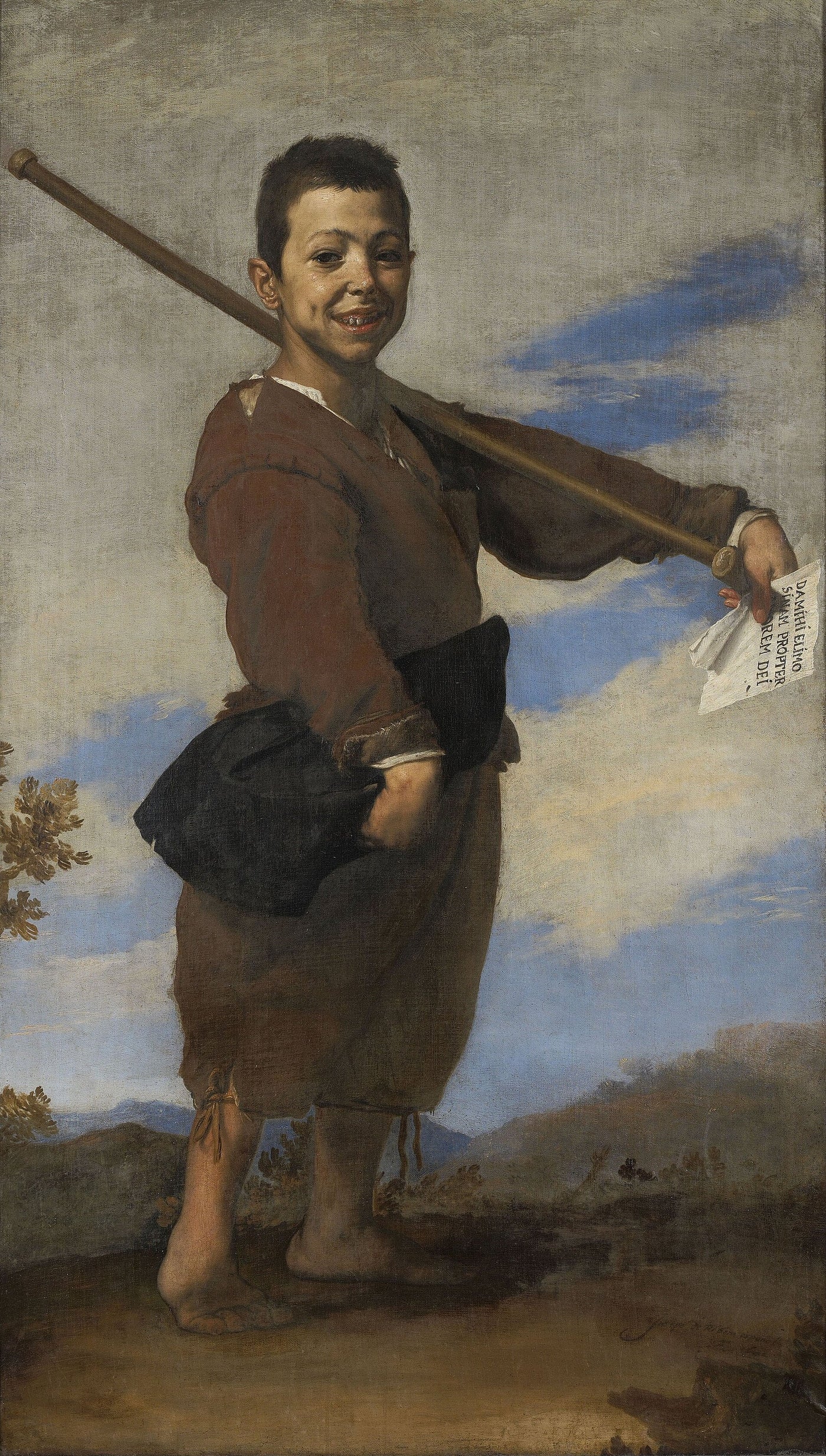 Jusepe de Ribera, The Clubfoot, 1642, oil on canvas, Louvre, Paris. A smiling boy with a clubfoot stands confidently against a pale sky, holding a paper asking for alms.