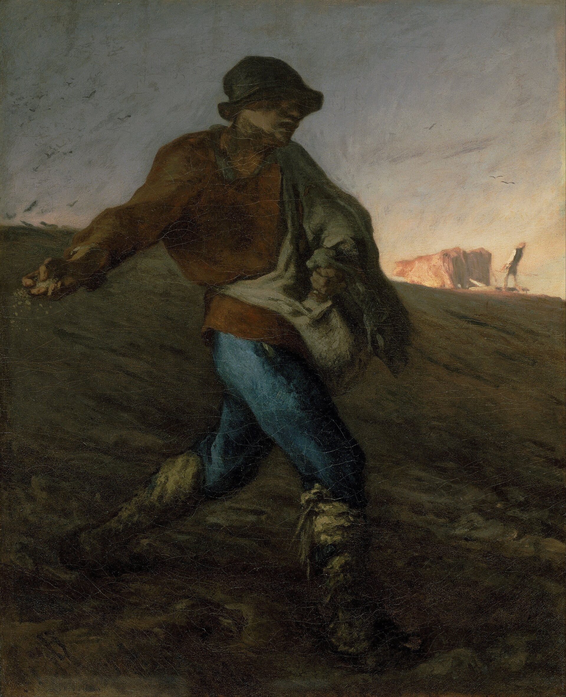 Jean-François Millet, The Sower — a labourer mid-stride scattering grain across a rust-coloured field at dusk