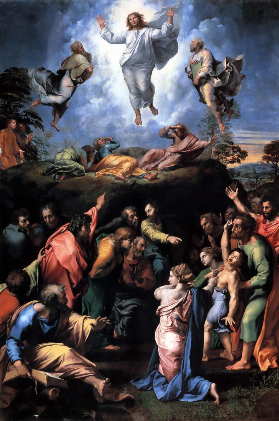 Detail from Raphael's The Transfiguration, showing a father holding his son below the mountain — an image of earthly care and staying, explored in Theresa Rézeau's essay for The Image and Culture Journal.